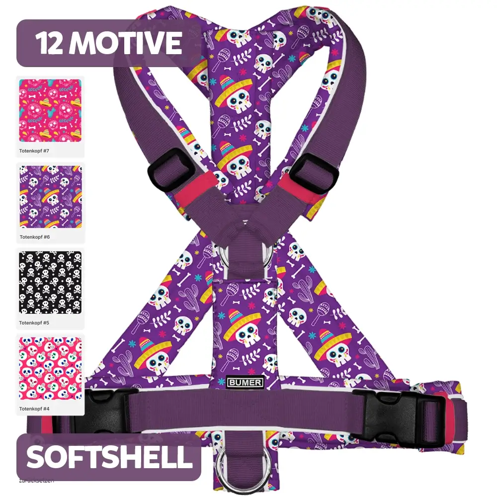 BUMER Hundegeschirr TOTENKÖPFE, gepolstert, (Softshell), komplett konfigurierbar